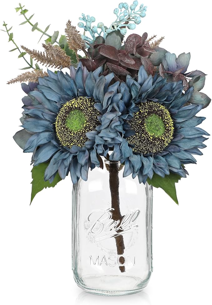 Silk Sunflowers Artificial Flowers with Mason Jar Centerpiece for Table Blue Fall Flowers in Vase Small Fall Floral Arrangement with Vase Thanksgiving Centerpiece for Dining Room Table Autumn Decor