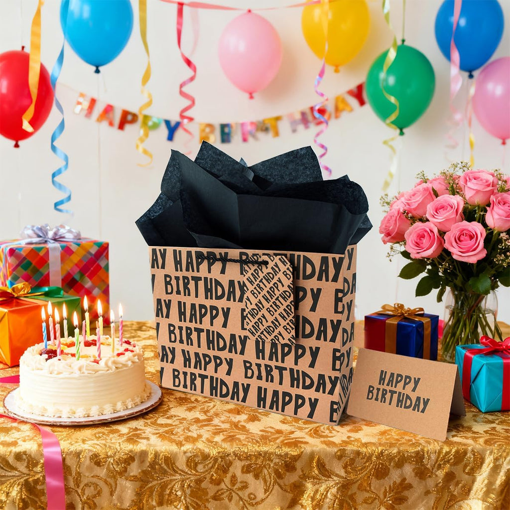 JAYTEM Birthday Gift Bag, Kraft Paper Large Gift Bag, Classic Black Lettering Design Happy Birthday Bag Set with Greeting Card, Tag, Envelope & Tissue Paper for Men, Boys, Kid