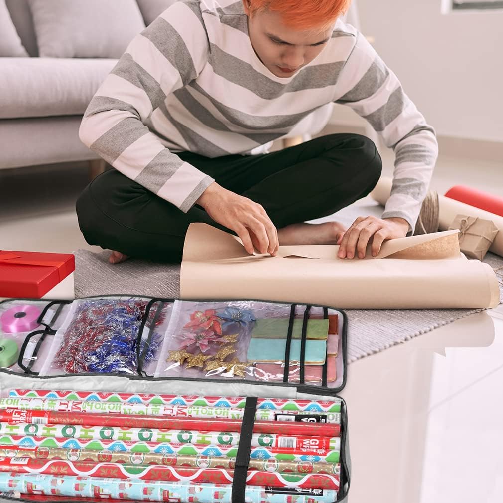 Christmas Wrapping Paper Storage Bag with Pockets | Gift Wrap Organizer Container | 37” x 14” x 4” | Underbed Durable Box Made of 600D Oxford Material (Gray)