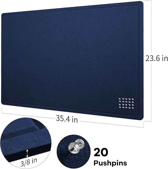 Bulletin Board, 36 x 24 inches Felt Board - Decorative Pin Board, Cork Board Alternative for Wall, 3' x 2' Foldable Picture Board Self-Adhesive Vision Board Prayer Board with 20 Pushpins - Dark Blue