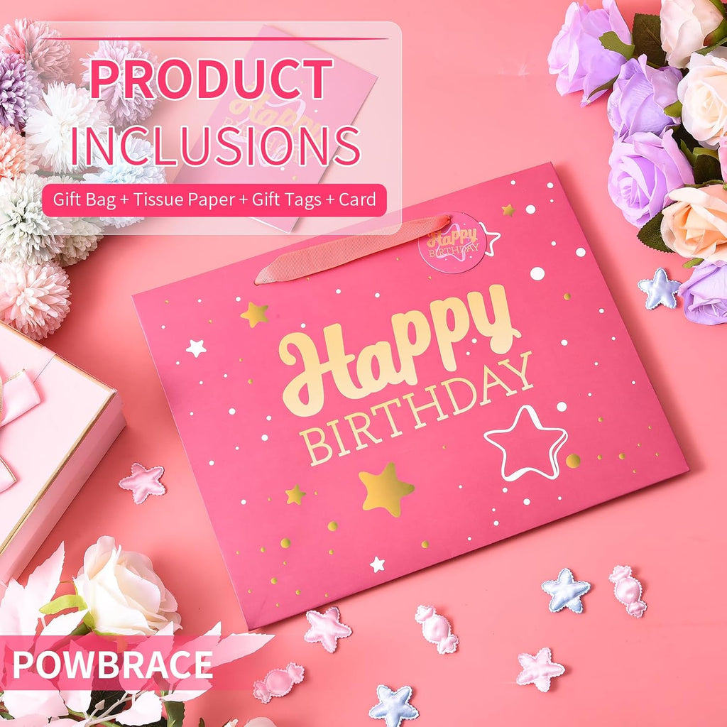 Powbrace 13" Pink Happy Birthday Gift Bag with Tissue Paper and Greeting Card for Party,Happy Birthday Gift Bag for Men Women,Gift Bags Medium size(1 PCS Pink Hot Stamping)