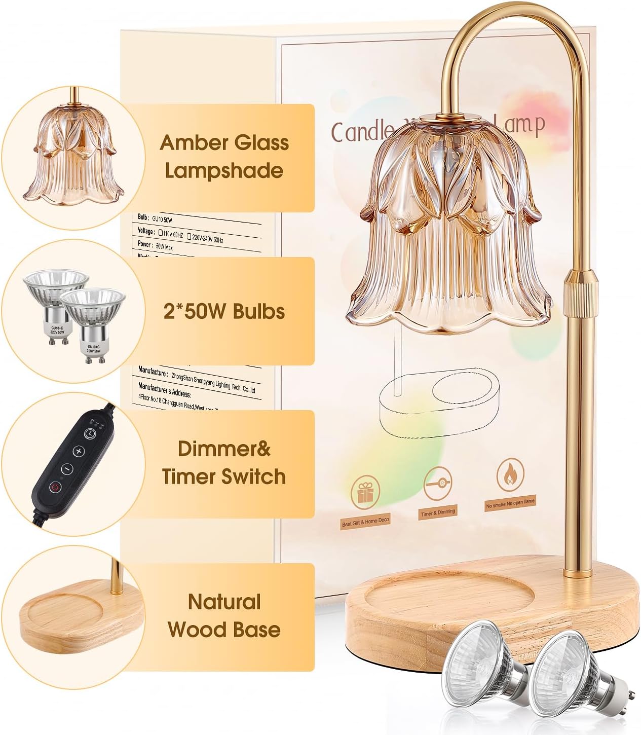 Candle Warmer Lamp Adjustable Timer - Electric Flower Glass Candles Warmers - Height Adjustable Dimmable Vintage Base Modern Wax Candles Top Warmers Wax Melts Birthday Women Mom House Warming Gifts