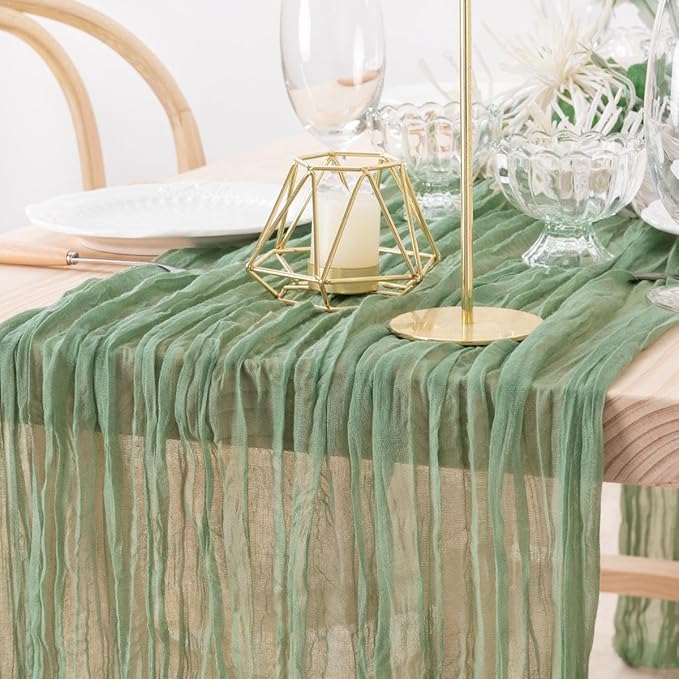 MLMW 4 Pack Sage Green Table Runner Cheesecloth Boho Gauze Rustic Cheese Cloth Table Runner 160 inch Sheer 13.3ft for Wedding Party Baby Bridal Shower Birthday