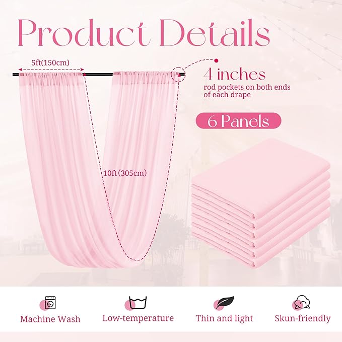 6 Panels Pink Ceiling Drapes for Wedding, 5ftx10ft Ceiling Drapes Cheesecloth Sheer Fabric Curtain Wedding Arch Draping Fabric Romantic Ceilings Decorations for Weddings Party Ceremony Stage