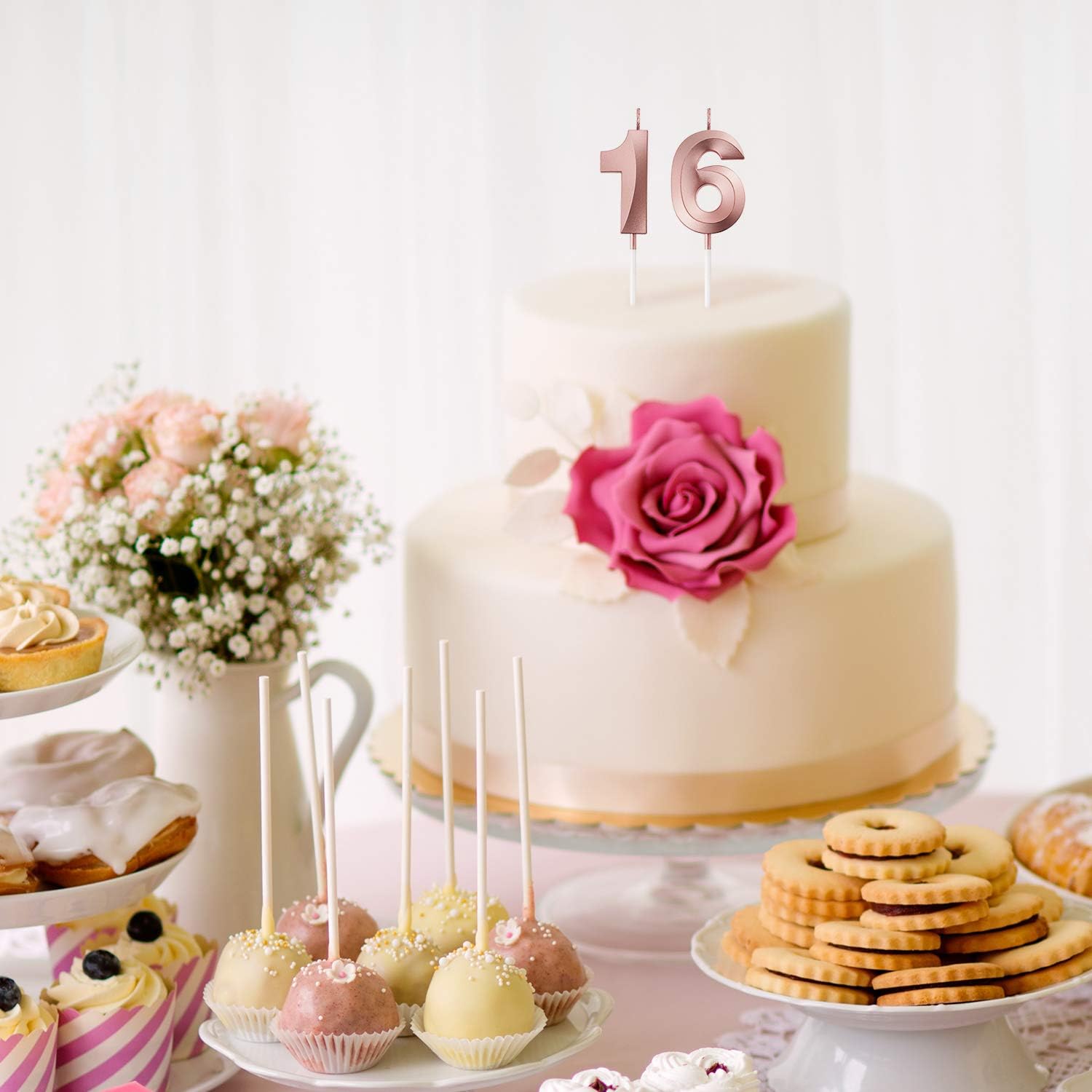 BBTO 16th & 61st Birthday Candles Number Candles Cake Topper Decoration for Birthday Wedding Anniversary Celebration Supplies(Rose Gold)