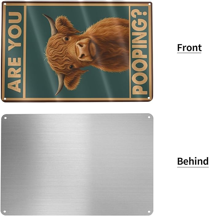 Funny Highland Cow Bathroom Sign - "Are You Pooping?" Vintage Western Tin Wall Decor for Restroom, Toilet or Farmhouse - 8" x 12" Metal Sign