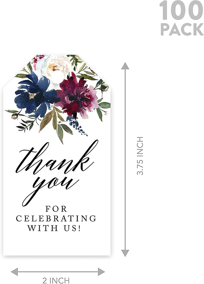 Andaz Press 100-Pack Thank You for Celebrating with Us Favor Tags Navy Blue Burgundy Florals Cardstock Gift Tags with Bakers Twine for Wedding Baby Shower Bridal Shower Party Favors 2 x 3.75-Inches
