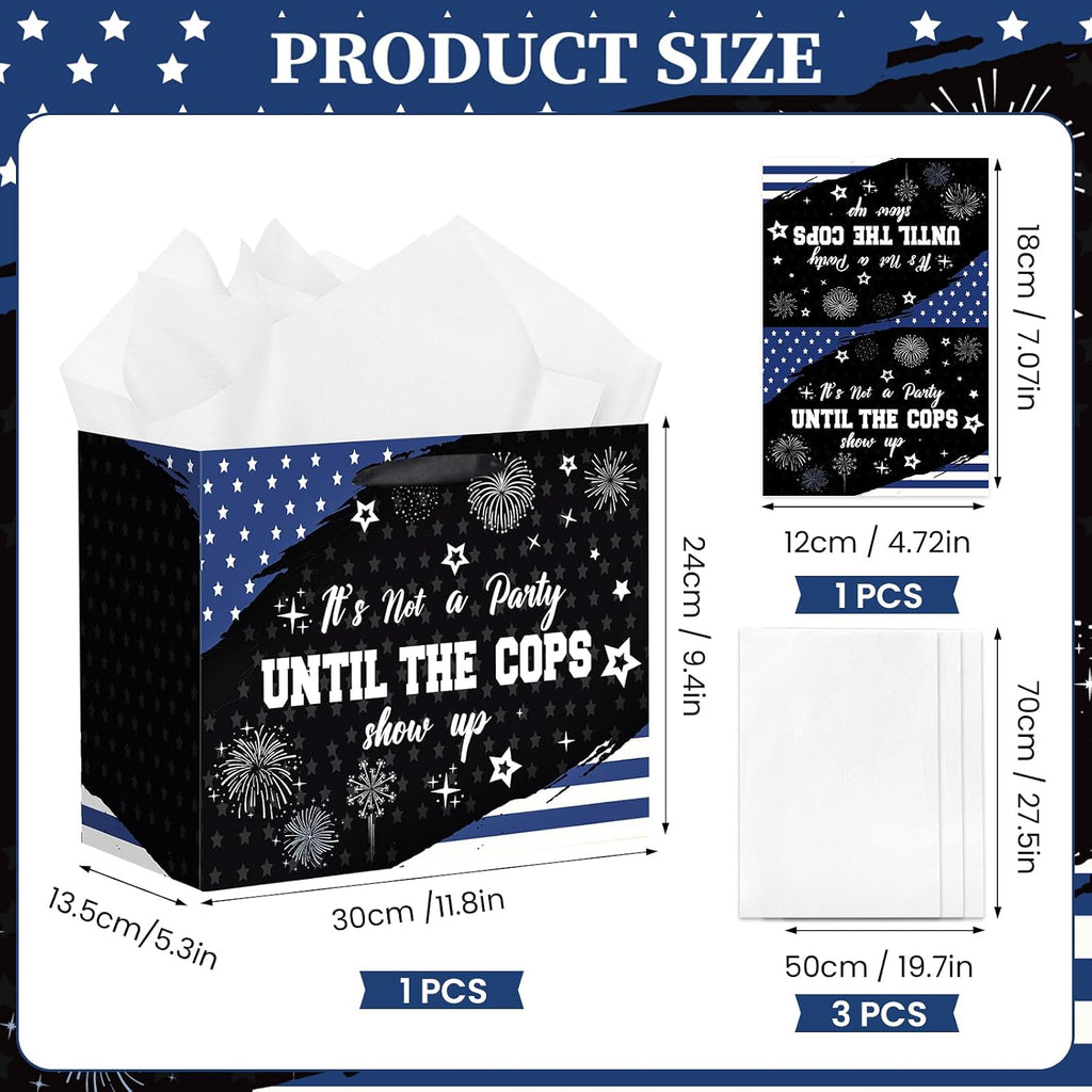 LUUFILx Police Gift Bag for Men Women It's Not a Party Until The Cops Show Up with Wrapping Paper Card Black White and Blue American Flag Police Theme Decor for Birthday Grad Retirement Party(Blue)