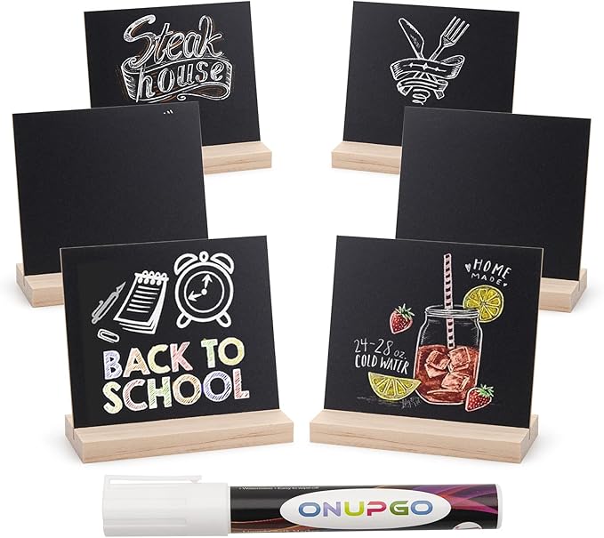 ONUPGO Chalkboard Signs with Wood Base Stands, 10X12cm Vintage Wooden Tabletop Decorative Chalkboard Sign, Message Chalkboard Sign for Party, Restaurant, Wedding, Set of 6