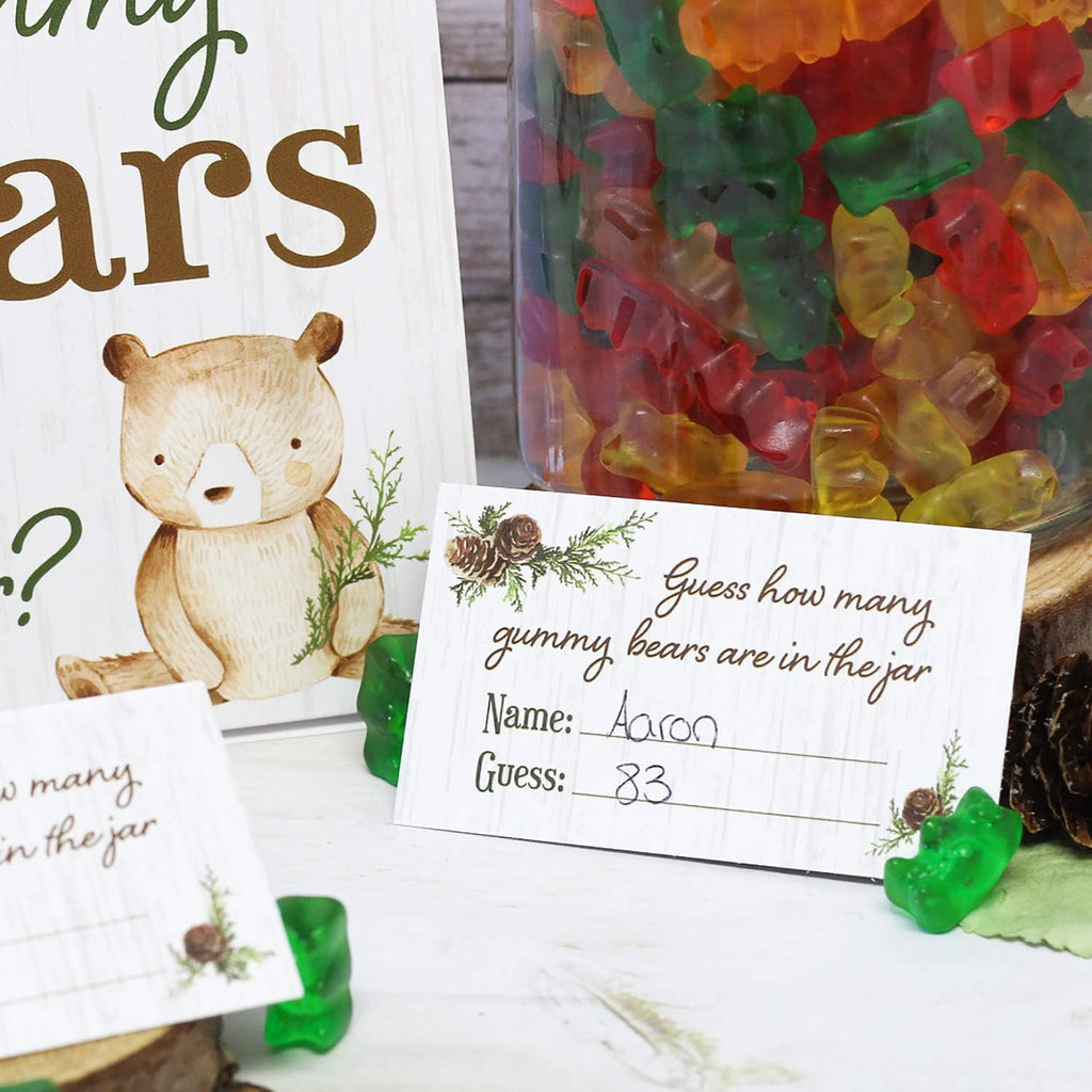 DISTINCTIVS Guess How Many Gummy Bears Woodland Baby Shower Game (Extra Guessing Cards)