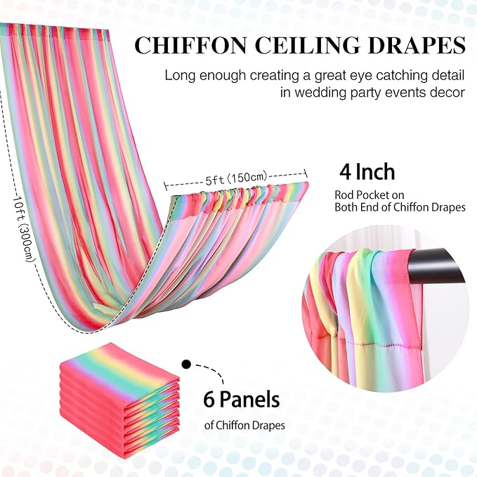 DUOBAO Rainbow Chiffon Wedding Ceiling 10FT Length Photo Background Curtain Decorations with Rod Pocket for Banquet Room Weddings Ceremony Graduation Prom, W 5' x L 10'-6 Panels Bright Rainbow