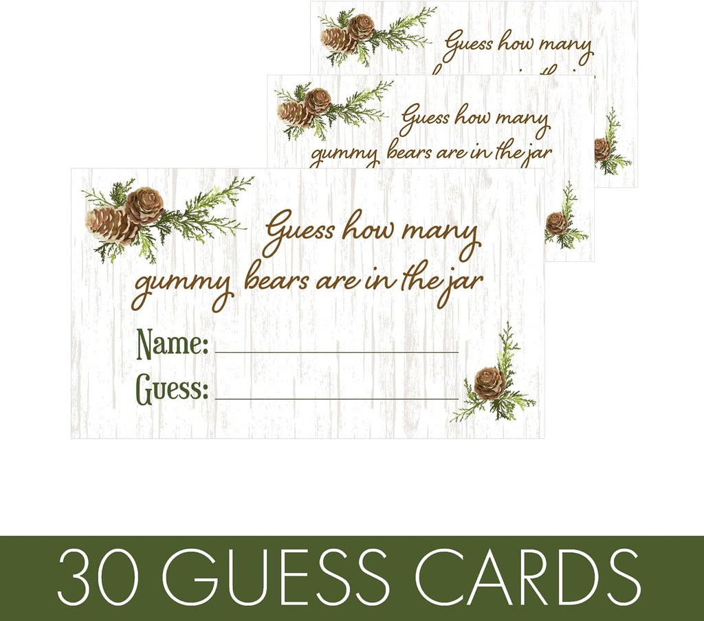 DISTINCTIVS Guess How Many Gummy Bears Woodland Baby Shower Game (Extra Guessing Cards)
