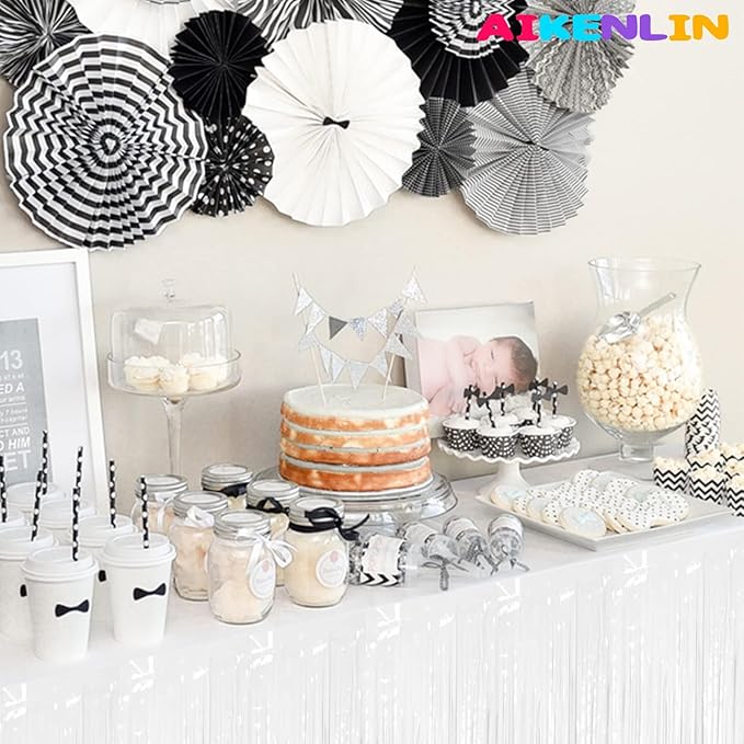 6 Pack 29x108 Inch Metallic Foil Fringe Tinsel Table Skirts Banner for Rectangle Tables Streamer Garland Curtains Backdrop for Wedding, Birthday, Parade Floats Party Decoration(White)