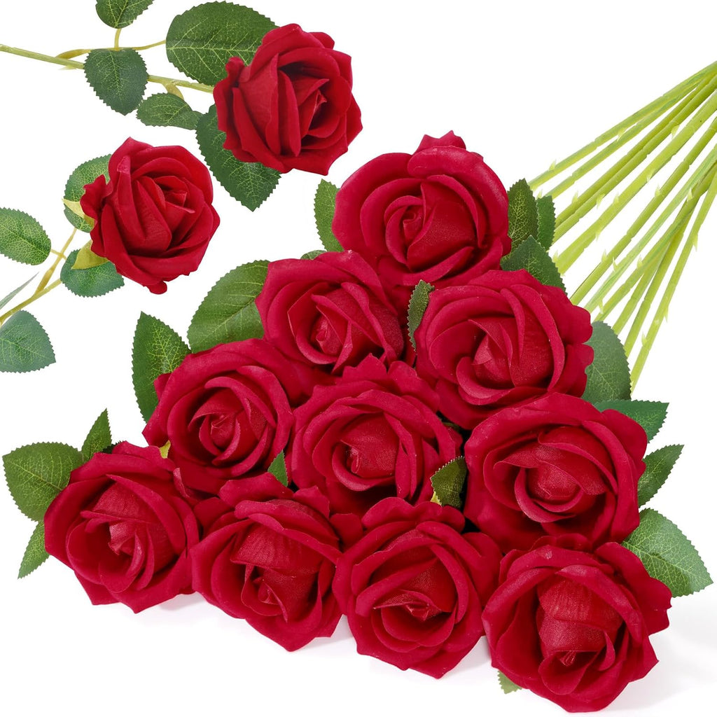 Lifewit 10 Pcs Red Artificial Roses Flowers in Bulk, Fake Long Stem Silk Roses for DIY Wedding Bouquets, Centerpieces Arrangements, Valentine Decorations