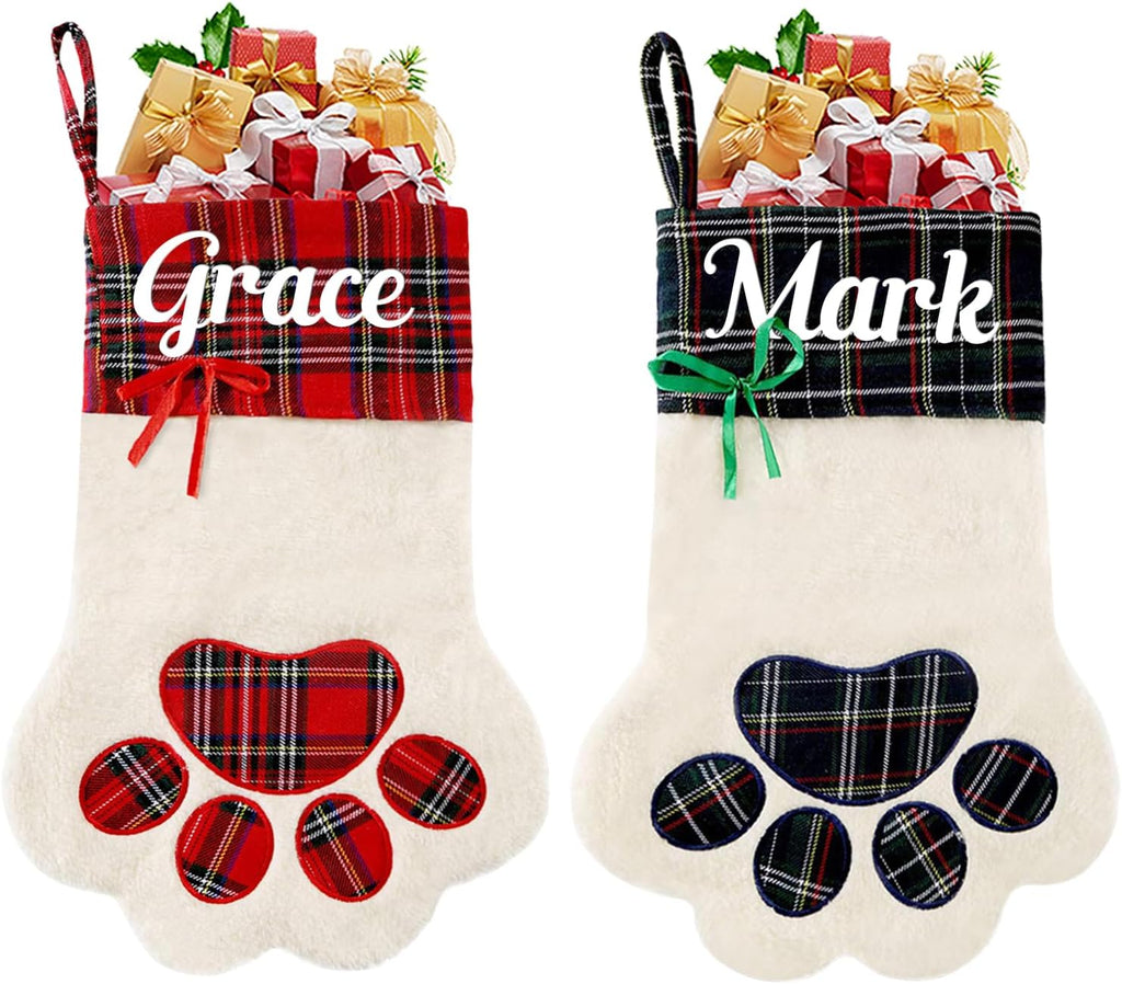 Personalized Dog Christmas Stocking, Custom Pet Paw Christmas Stocking with Name, Customized Xmas Stockings Plaid Cuff, Christmas Hanging Decor, Gifts for Dog, Cat, Pet, Kids, Family Set of 1