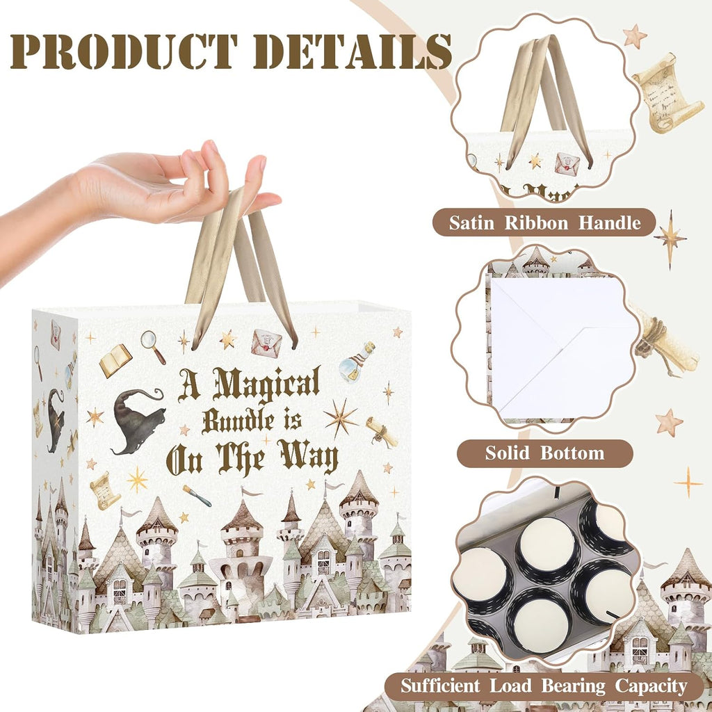 Magical Wizard Baby Shower Birthday Gift Bag for Baby Girls A Magical Bundle is On The Way Bag with Wrapping Paper Card Large Castle Witch Gift Bag for Halloween Baby Shower Birthday Party Supplies