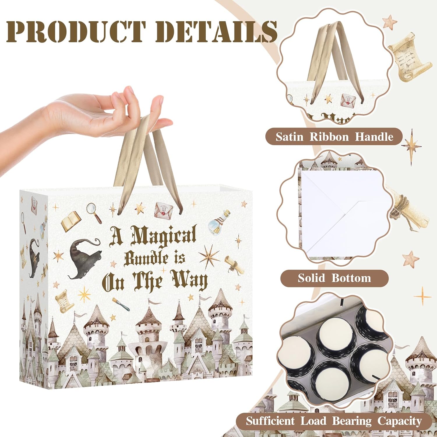 Magical Wizard Baby Shower Birthday Gift Bag for Baby Girls A Magical Bundle is On The Way Bag with Wrapping Paper Card Large Castle Witch Gift Bag for Halloween Baby Shower Birthday Party Supplies