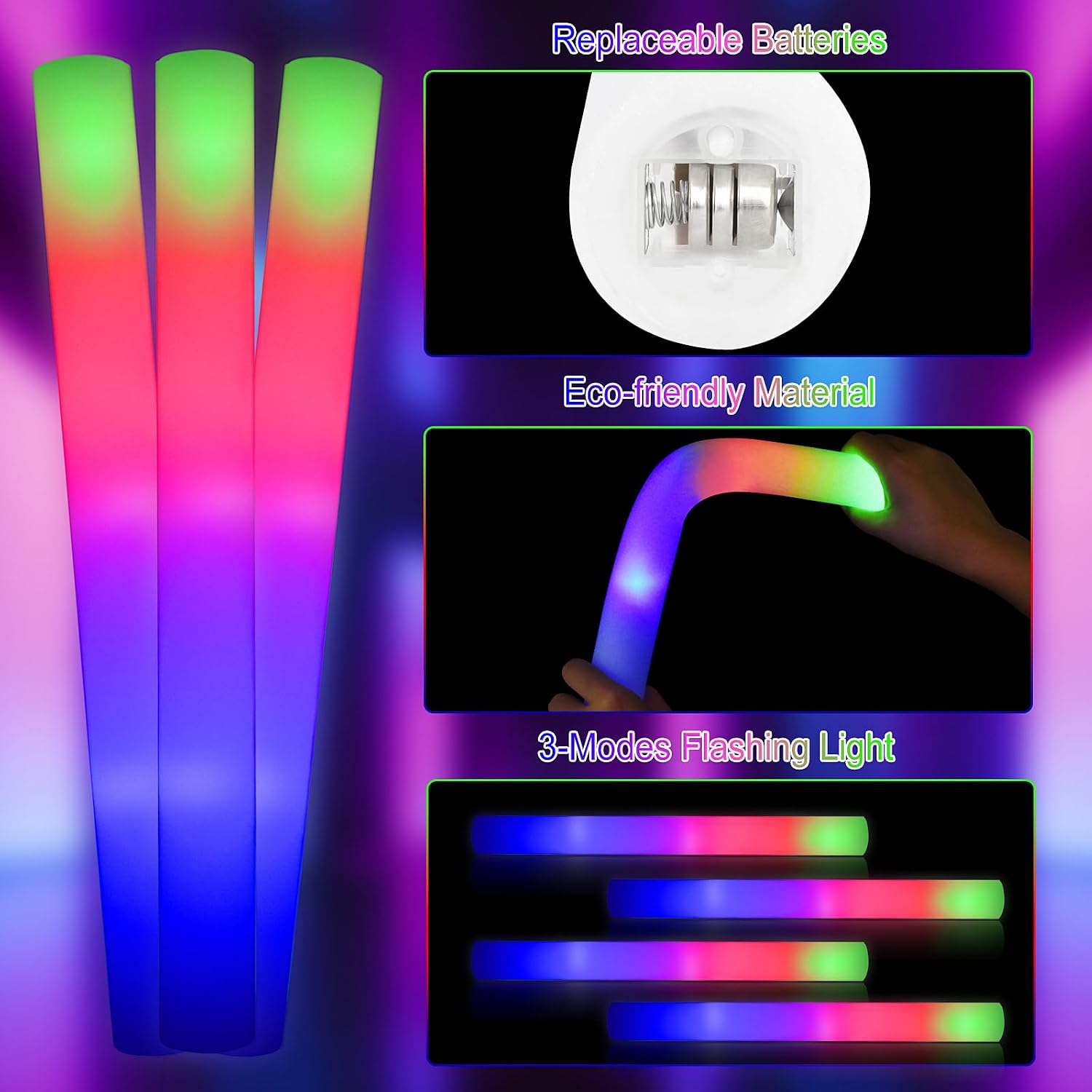 Taotuo Glow Sticks Bulk, 20 Pack LED Light Up Foam Sticks 3 Modes Color Flashing,Glow Party Supplies for Wedding Birthday, Raves, Concert, Camping, New Year, Carnival, Halloween Christmas