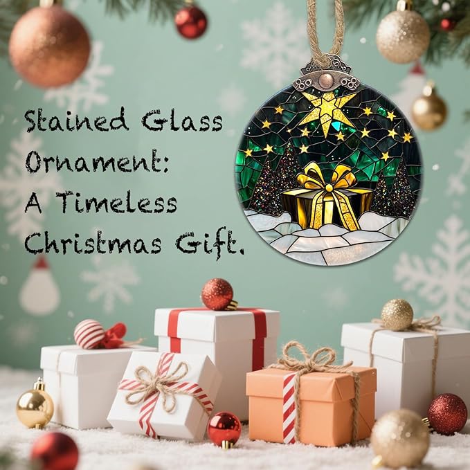 Stained Glass Christmas Decorations, Gold Star Suncatcher for Window Christmas Tree Hanging Ornaments Green Winter Night Scene Sun Catcher Xmas Decor Gifts for Women Men Mom Nana Friend