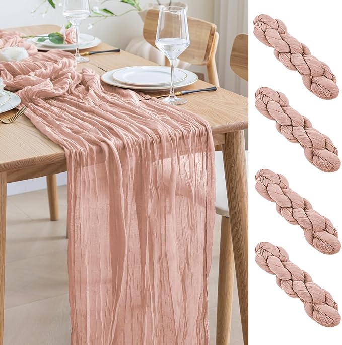Asee'm 4pcs Cheesecloth Table Runner 120 Inches Dusty Pink Boho Gauze Cheese Cloth Runner 10FT Rustic Sheer Table Runners for Summer Wedding Baby Shower Holiday Party Decoration