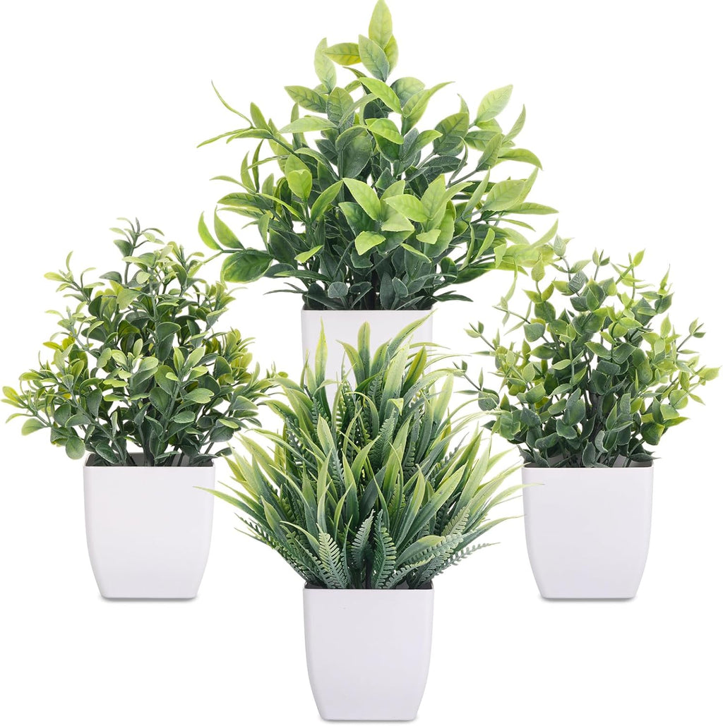 CEWOR Fake Plants 4 Packs Small Artificial Greenery Mini White Potted Plants Bathroom Accessories Decorations for Desk Bathroom Office Home Room Kitchen Table Indoor
