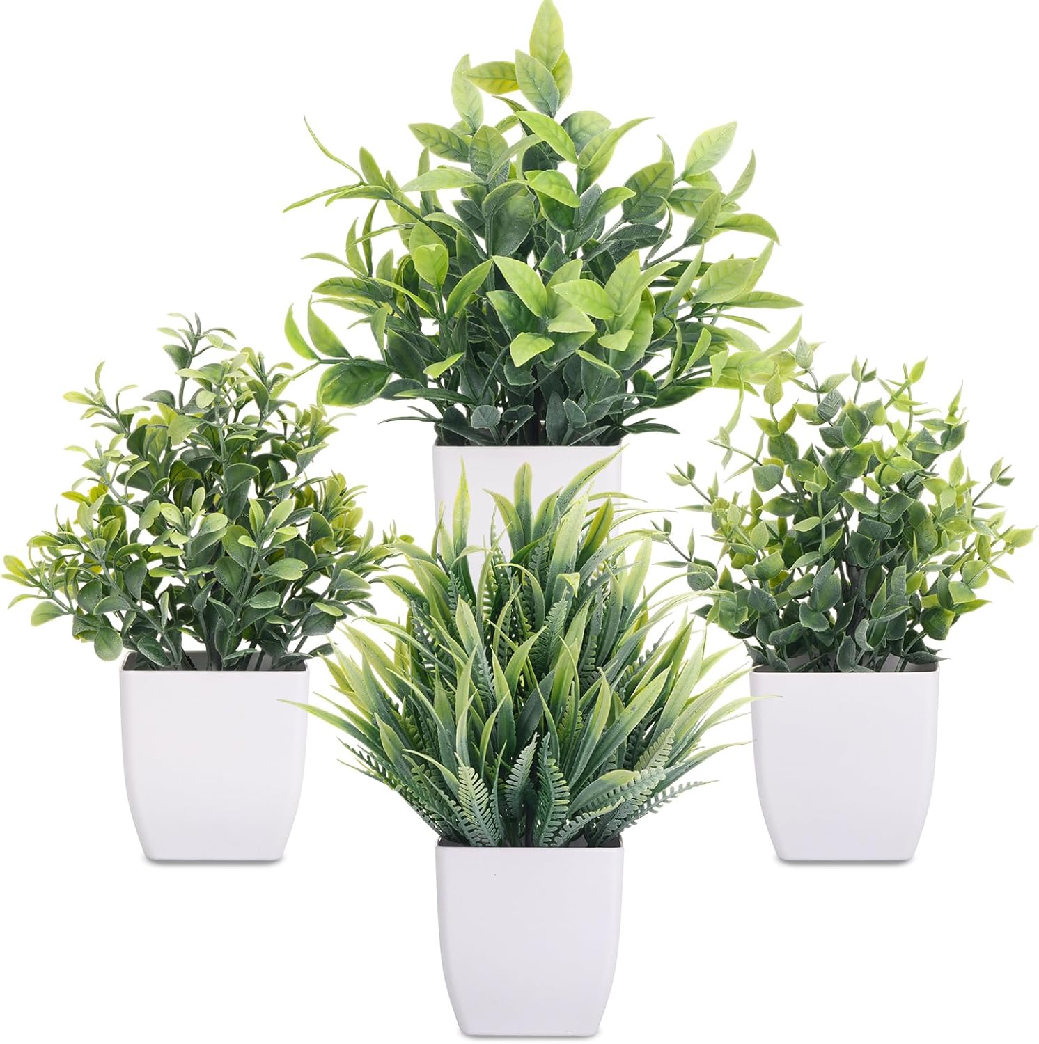 CEWOR Fake Plants 4 Packs Small Artificial Greenery Mini White Potted Plants Bathroom Accessories Decorations for Desk Bathroom Office Home Room Kitchen Table Indoor
