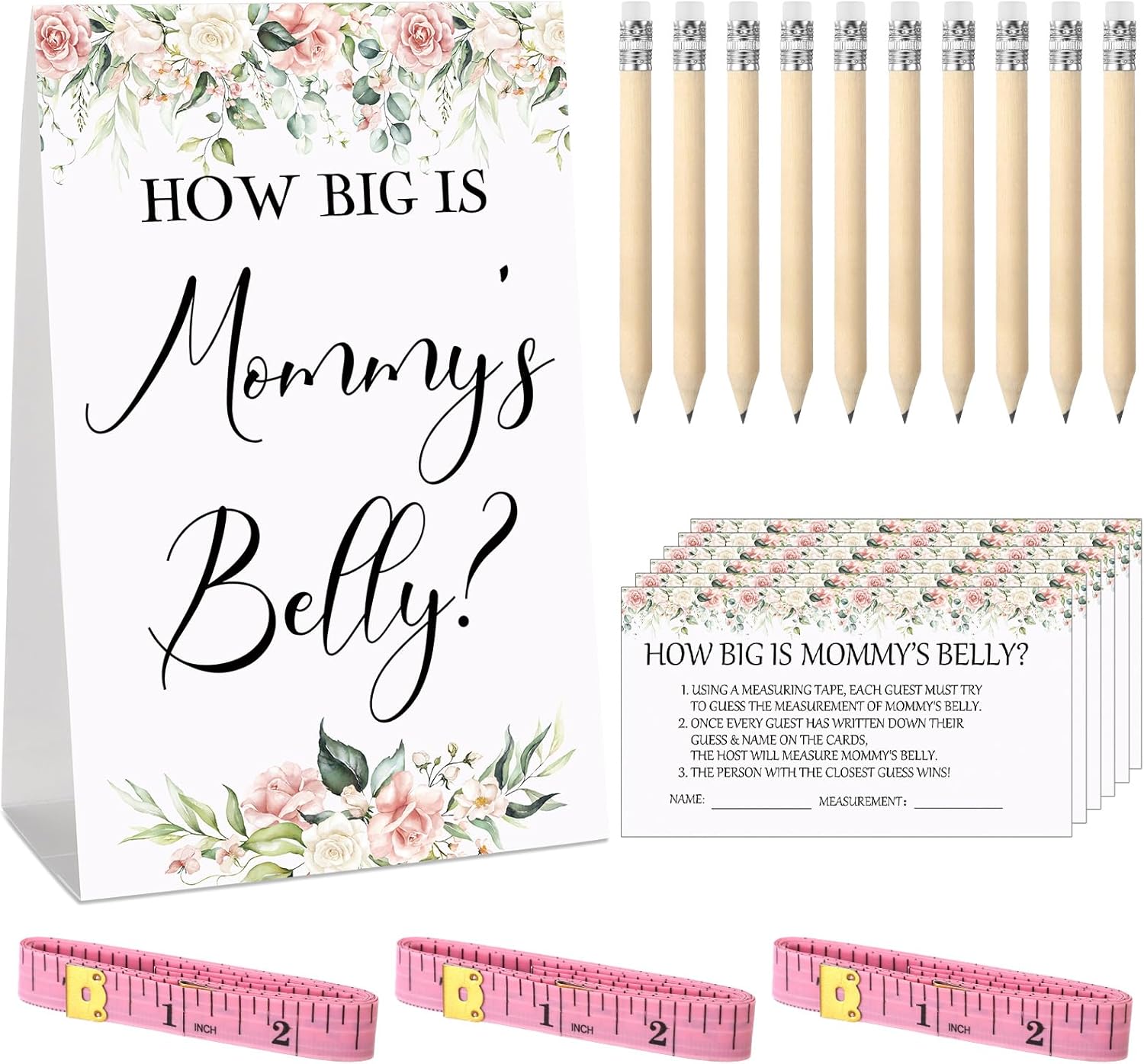Sabary 64 Pcs Baby Shower Games Include How Big is Mommy's Belly Sign Measure Bump Game 50 Cards 10 Pencils 3 Measuring Tapes for Baby Shower Gender Reveal Party Supplies(Flower)