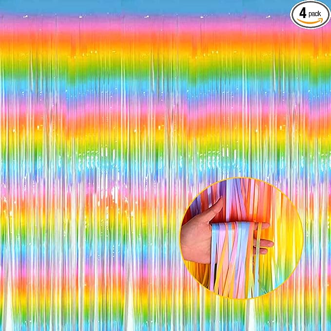4 Pack Macaron Rainbow Foil Fringe Curtain Backdrop, 3.28Ft x 8.2Ft Metallic Tinsel Foil Fringe Streamer Curtains for Photo Booth, Birthday, Wedding, New Year’s, Easter Decorations Party Supplies