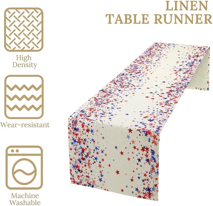 Independence Day Table Runner, 4th of July Red Blue Stars American President Day Holiday Confetti Print Table Cover for Kitchen Dining Table Indoor Outdoor Party, 13x36inch