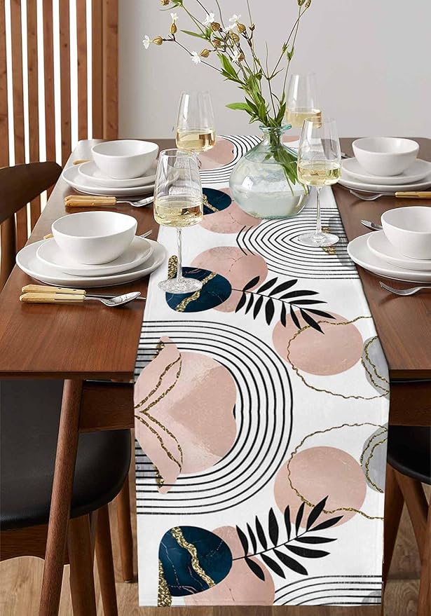 Modern Boho Cotton Linen Table Runner for Dining Kitchen, Wedding Outdoor Party Tablerunners Decoration, Abstract Bohemian Tropical Palm Leaf Dresser Scarf Coffee Tablecloth Runners 13x108 Inches