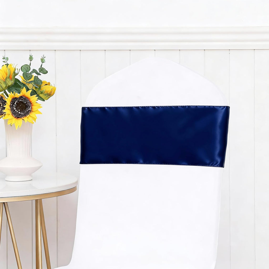 Pack of 50 Satin Navy Blue Chair Bows Sashes 7 X 108 Inch Universal Navy Chairs Ribbons for Wedding Anniversary Ceremony Birthday Party Engagement Banquet Restaurant Event Decorations