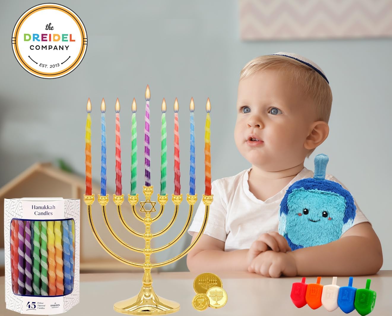 The Dreidel Company Deluxe Twisted Multi Colored Hanukkah Menorah Candles 45 Candles for All 8 Nights of Chanukah, 1-Hour Burn Time