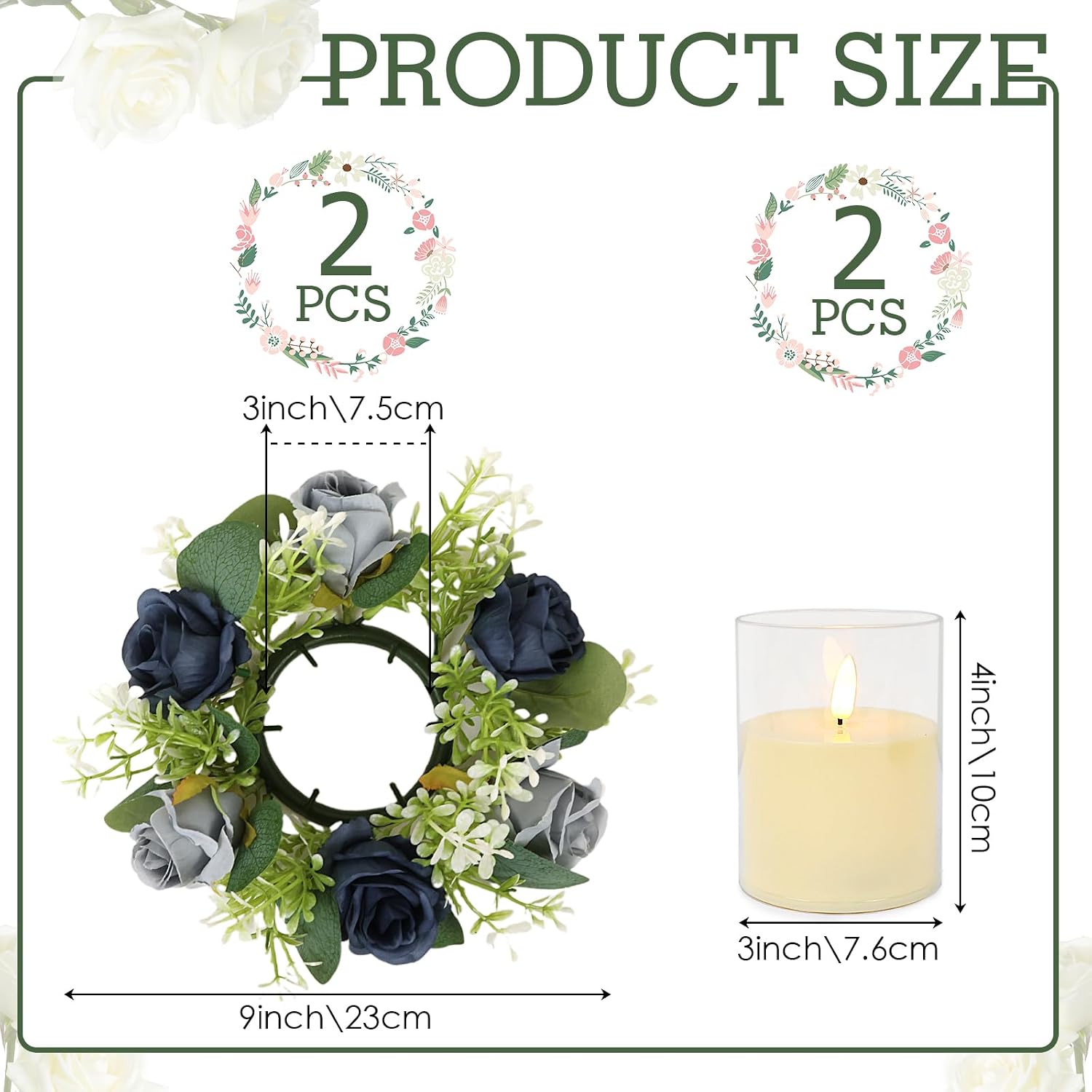Blue Rose Candle Rings with Flameless Candles Sets - 4PCS Artificial Flower Eucalyptus Wedding Centerpiece 3 Inch Pillar Candleholders Wreaths for Wedding Party Decor (Blue - 2 Sets)