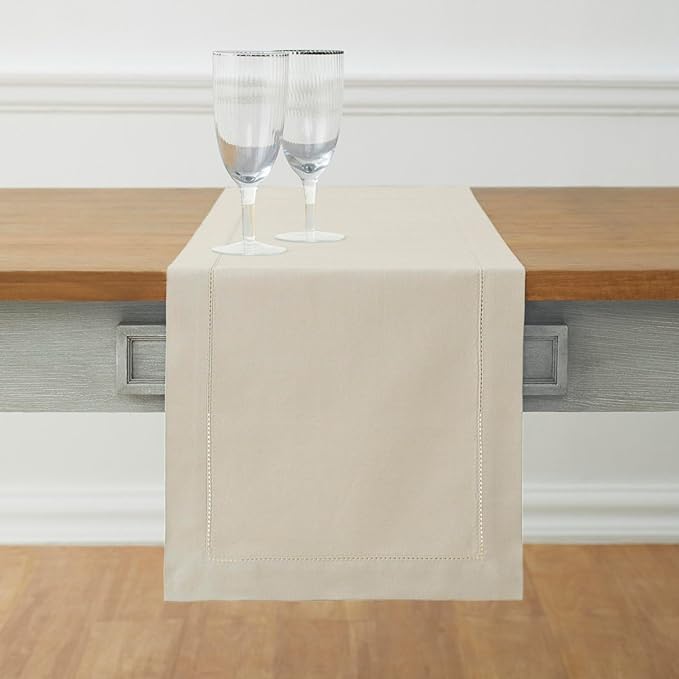 Solino Home Linen Hemstitch Table Runner 60 Inches - Cotton Linen Small Table Runner 14 x 60 Inch Ideal for Dresser and Coffee Tables - Fall, Autumn, Halloween, Thanksgiving, Christmas