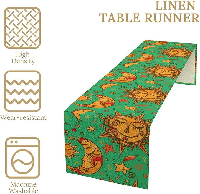 Boho Moon Table Runner, Phase of The Moon Star Sun Cartoon Pattern Table Runner for Kitchen Living Room Home Party 13x120 Inch