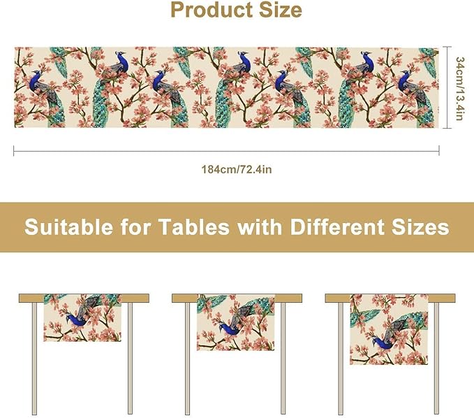 Peacock Table Runner,Spring Floral Peacock Birds Table Runner for Home Kitchen Dining Party Indoor Outdoor Decoration 13x36 Inch