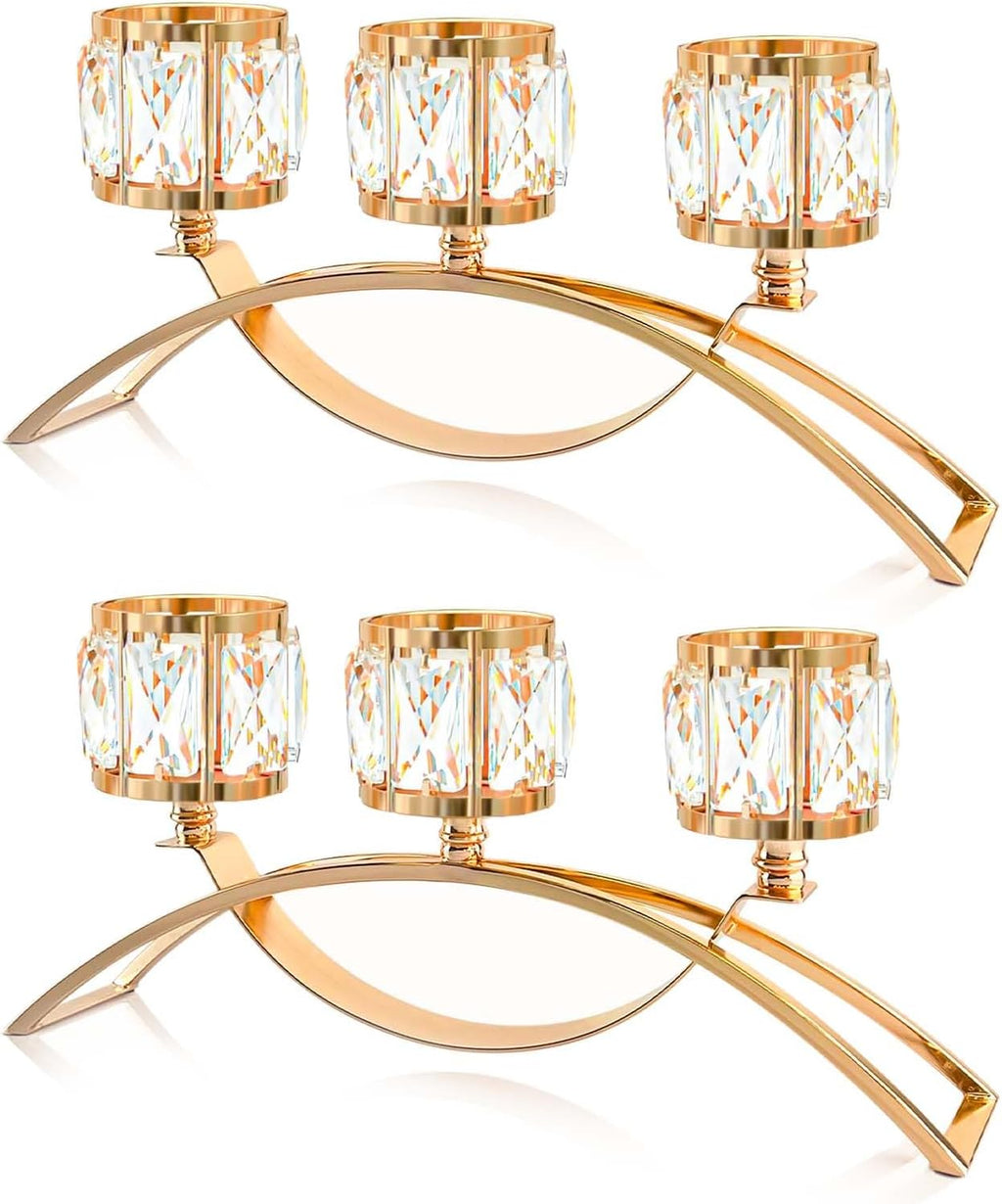 3 Arms Crystal Candle Holders, Arch Candlestick Table Candelabras Centerpieces for Wedding, Dinning Room, Cabinet Ornaments, Home Decoration， Gift (Gold, 2 Pcs-3 Arm Arched)