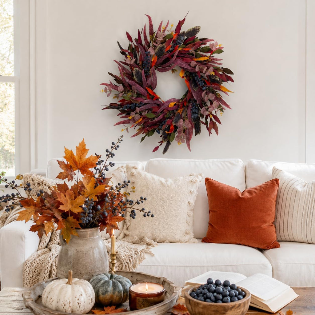 26 inch fall wreaths for front door, eucalyptus showing dimensions