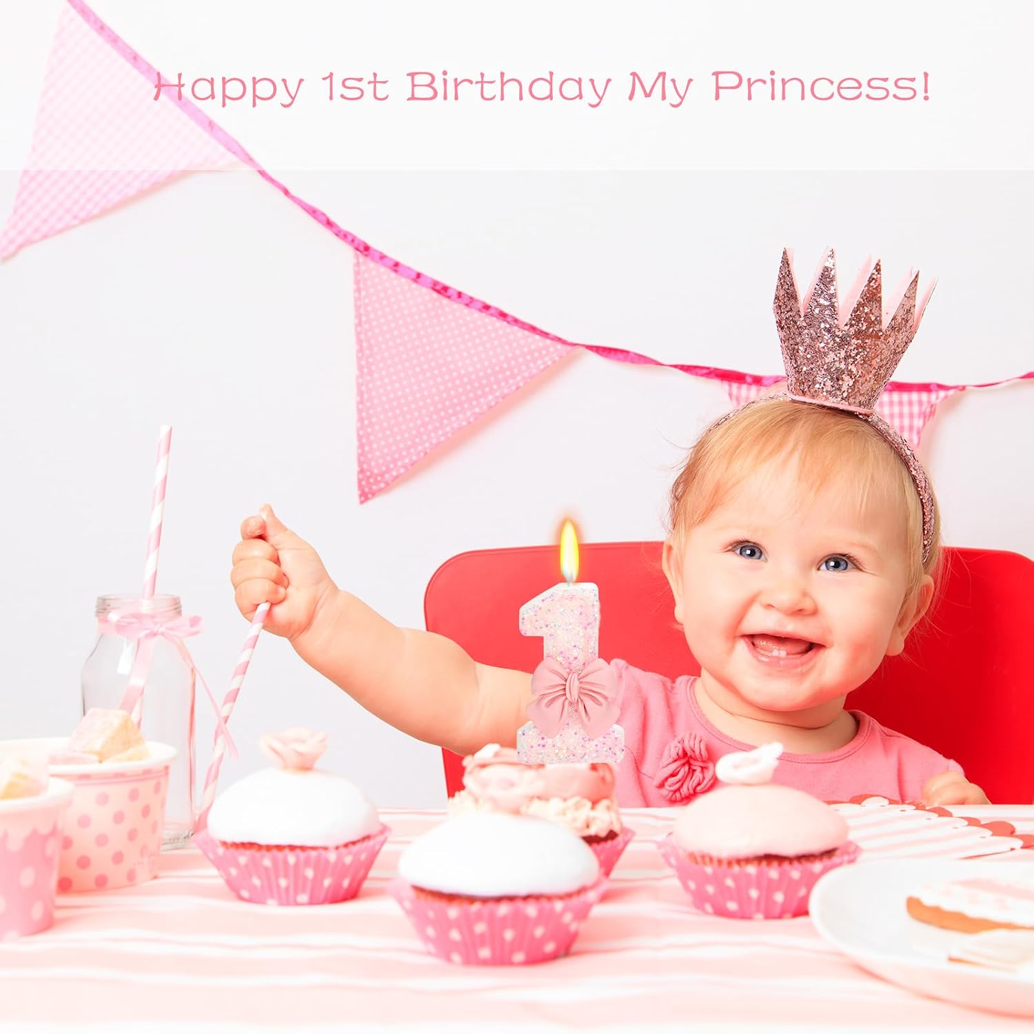 Birthday Candle for Cake, 1 Candle - Pink Glitter with Bowknot, 2.76 inch Happy Birthday Candle, Cake Topper Decoration for 1 Year Old Birthday Party (Number 1)