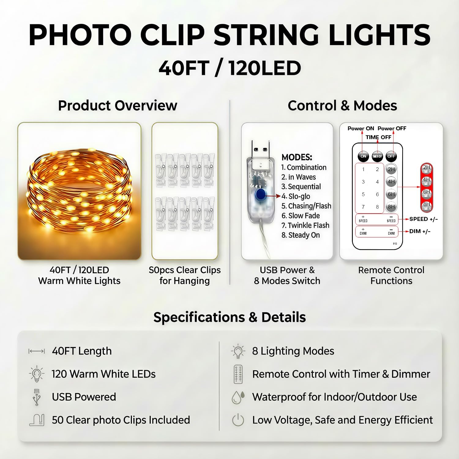 Teen Girl Gifts Trendy Stuff: Aesthetic 40Ft 120LED Hanging Picture Fairy Lights with 50 Clips - 8 Modes & Timer, Waterproof - Trendy Teenager Girl Gift for Birthday Christmas, Dorm Bedroom Wall Décor