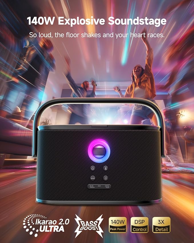 Ikarao Portable Karaoke Machine for Adults, Built-in Lyrics Display and Screen, 2 Self-Charging Wireless Microphones, Karaoke App, 140W Speaker, Connects to TV for Home Party Birthday Outdoor Camping