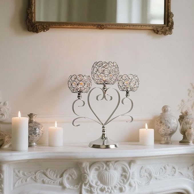6 Pcs Silver 3-Arm Heart Tea Light Candle Holder - Crystal & Metal Wedding Centerpiece Decor, Sparkling Table Decor for Anniversaries/Romantic Tabletop Home/Dinner Party/Events