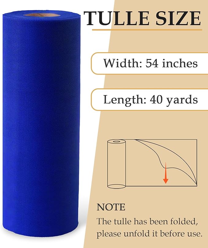 Royal Blue Tulle Fabric Roll, 54" x 40 Yards (120FT) Tulle for Wedding Decoration DIY Tutu Party Backdrop Baby Shower Table Skirts Gift Wrapping