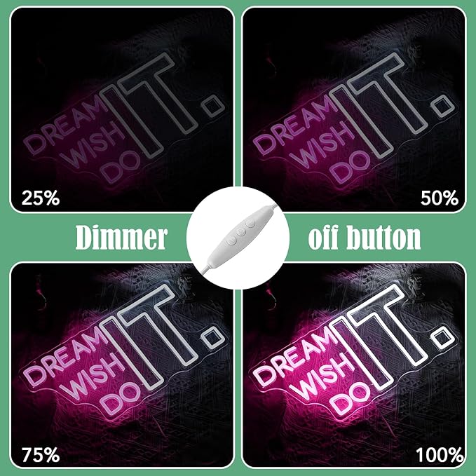 Dream It Wish It Do It Neon Sign Dimmable Letters Neon Light Signs for Wall Decor USB Power Pink White Neon Light for Bedroom Led Neon Sign for Studio Office Bar Gifts