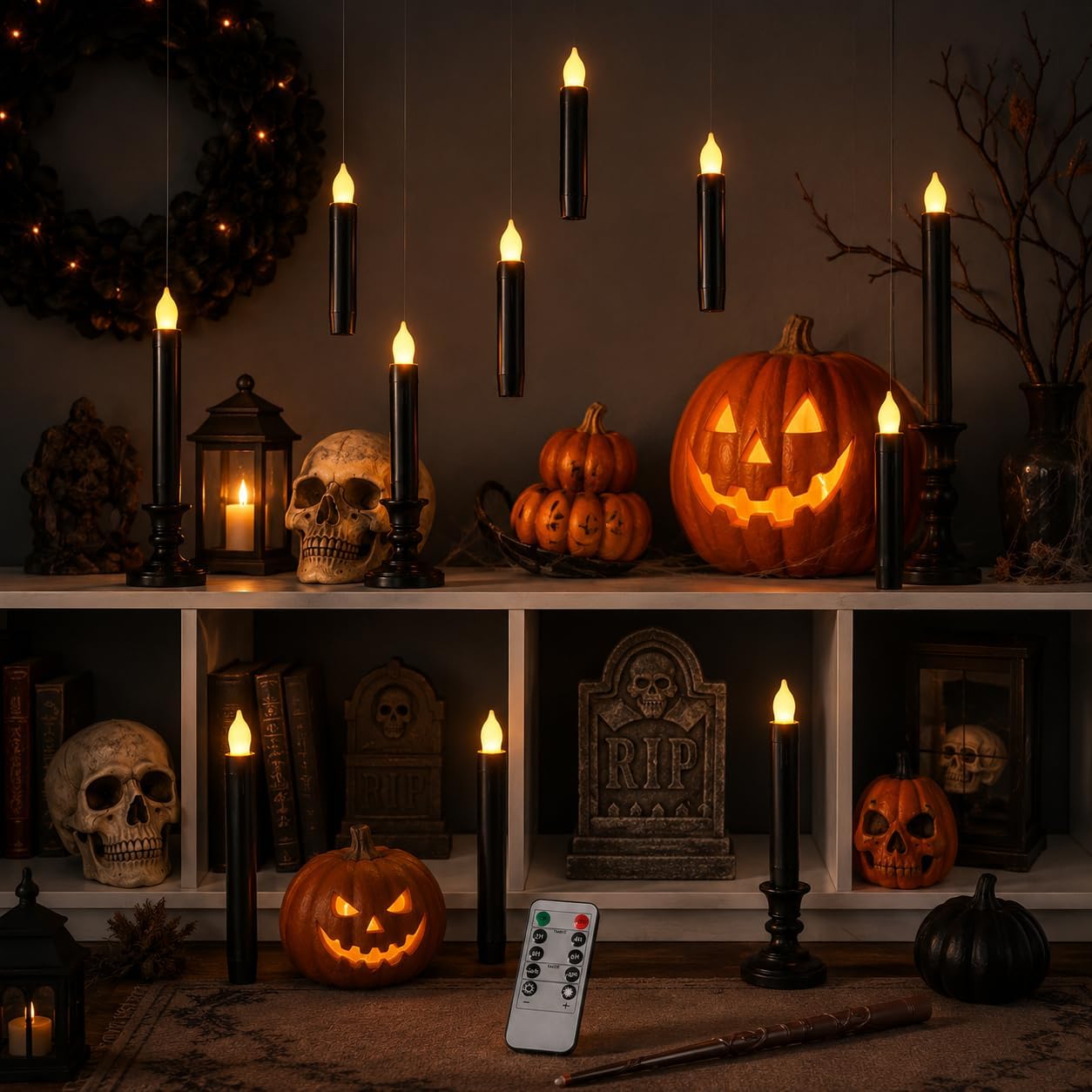 Lezonic 12Pcs Floating Candles with Wand and Remote, Magic Black Flameless Candles Battery Operated, Flikering Hanging LED Taper Candlesticks Halloween Decorations, 0.8" x 6"