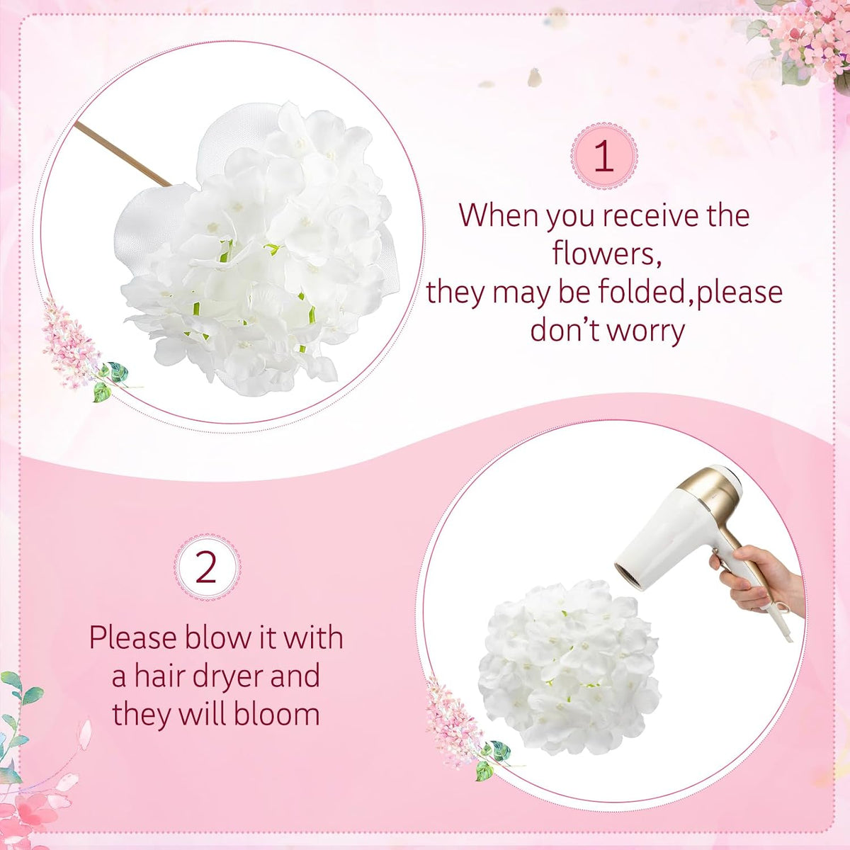 tigeen 100 pcs pink,white hydrangea artificial flowers bulk, package contents