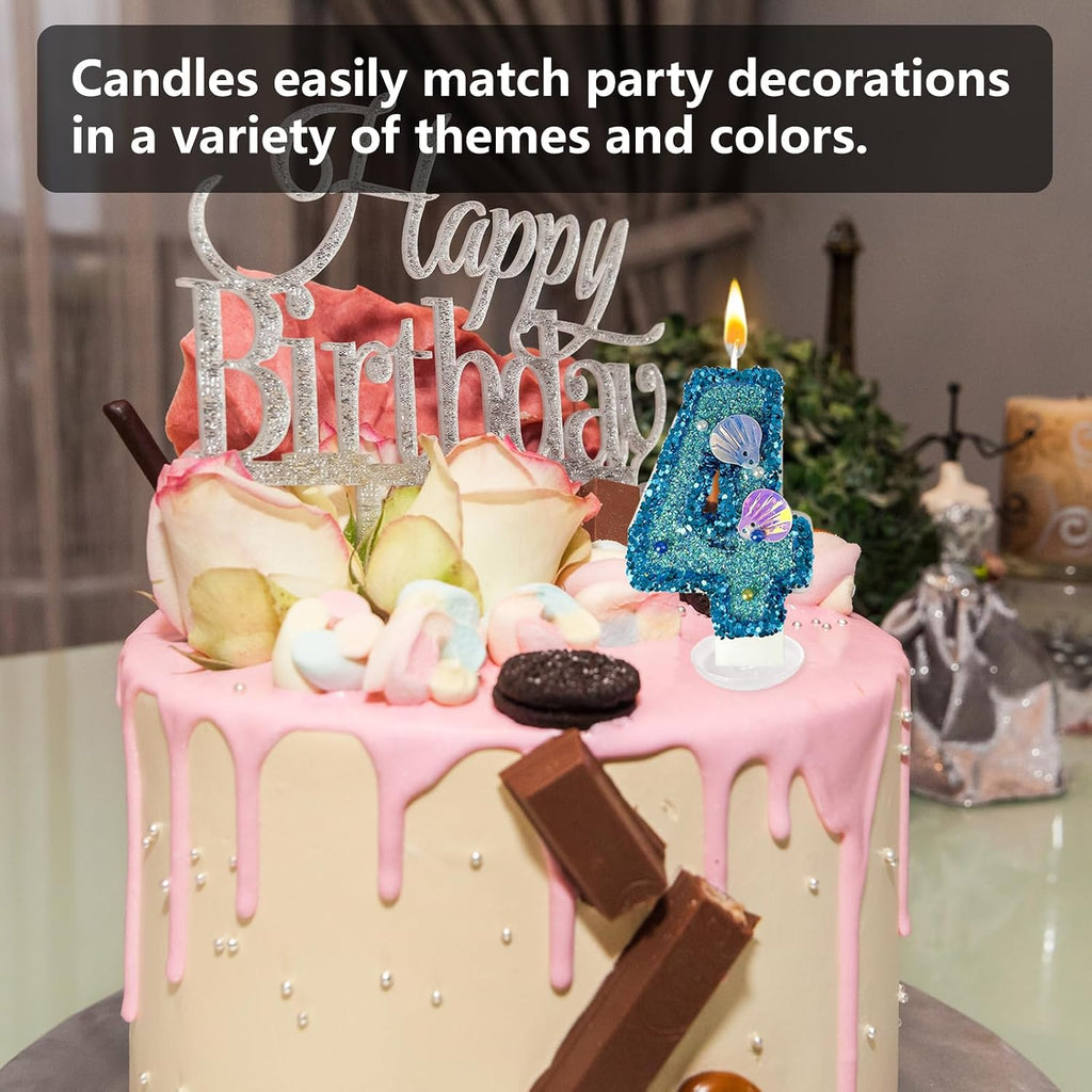 Blue Shell Sequin Number Candle Birthday Cake Number Candle for Mermaid Theme Party, Wedding, Party, Party Decoration Supplies (4)