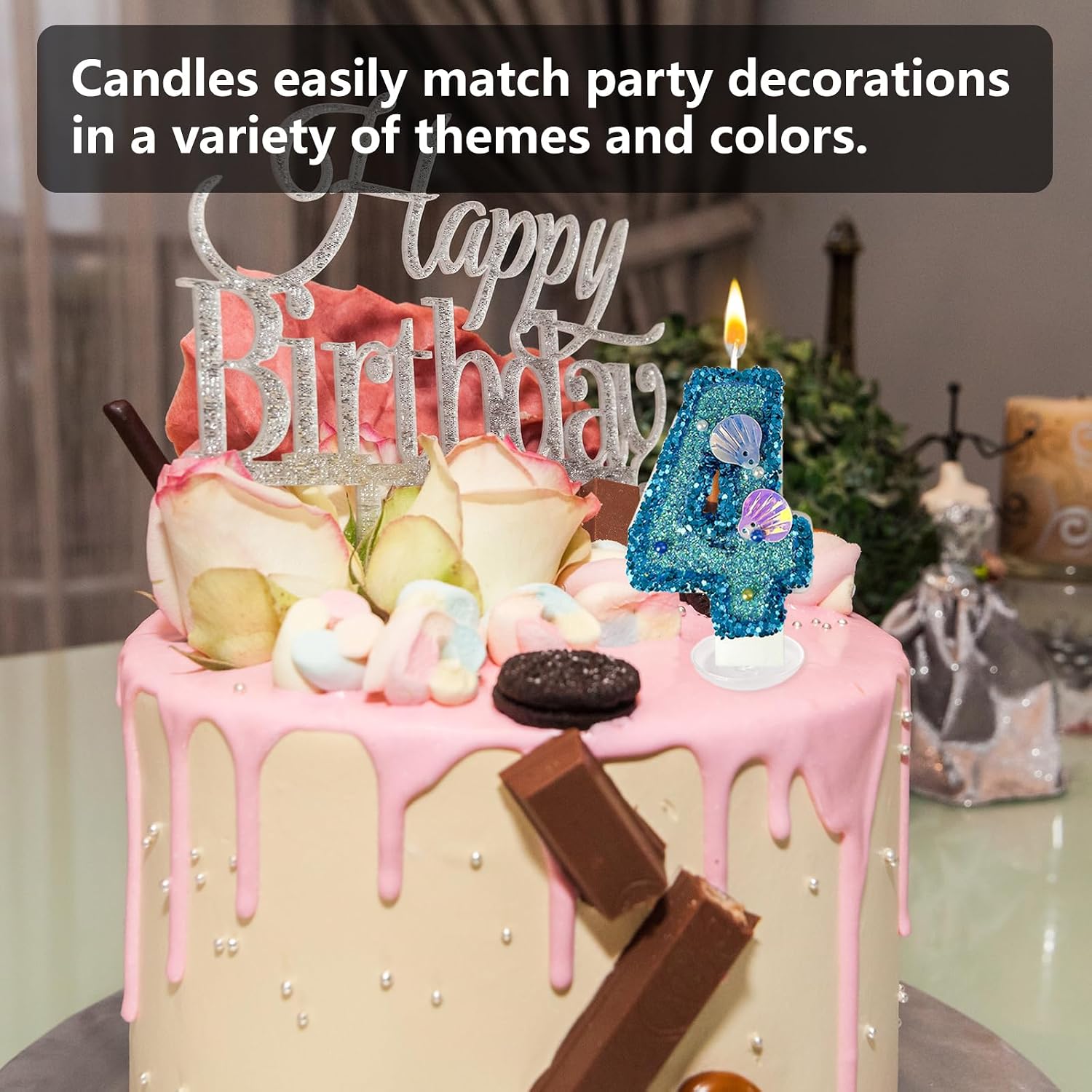 Blue Shell Sequin Number Candle Birthday Cake Number Candle for Mermaid Theme Party, Wedding, Party, Party Decoration Supplies (4)