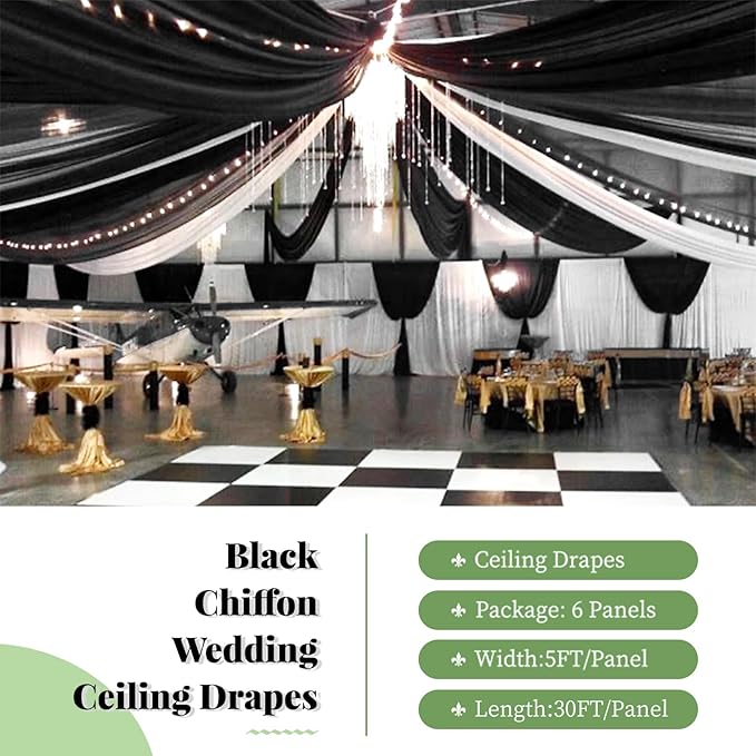 6 Panels Black Wedding Ceiling Drapes 5ftx30ft Ceiling Drapes Chiffon Fabric Arch Draping Sheer Curtains Soft Drapery Draping Wedding Ceiling Decorations for Party Ceremony Stage Swag