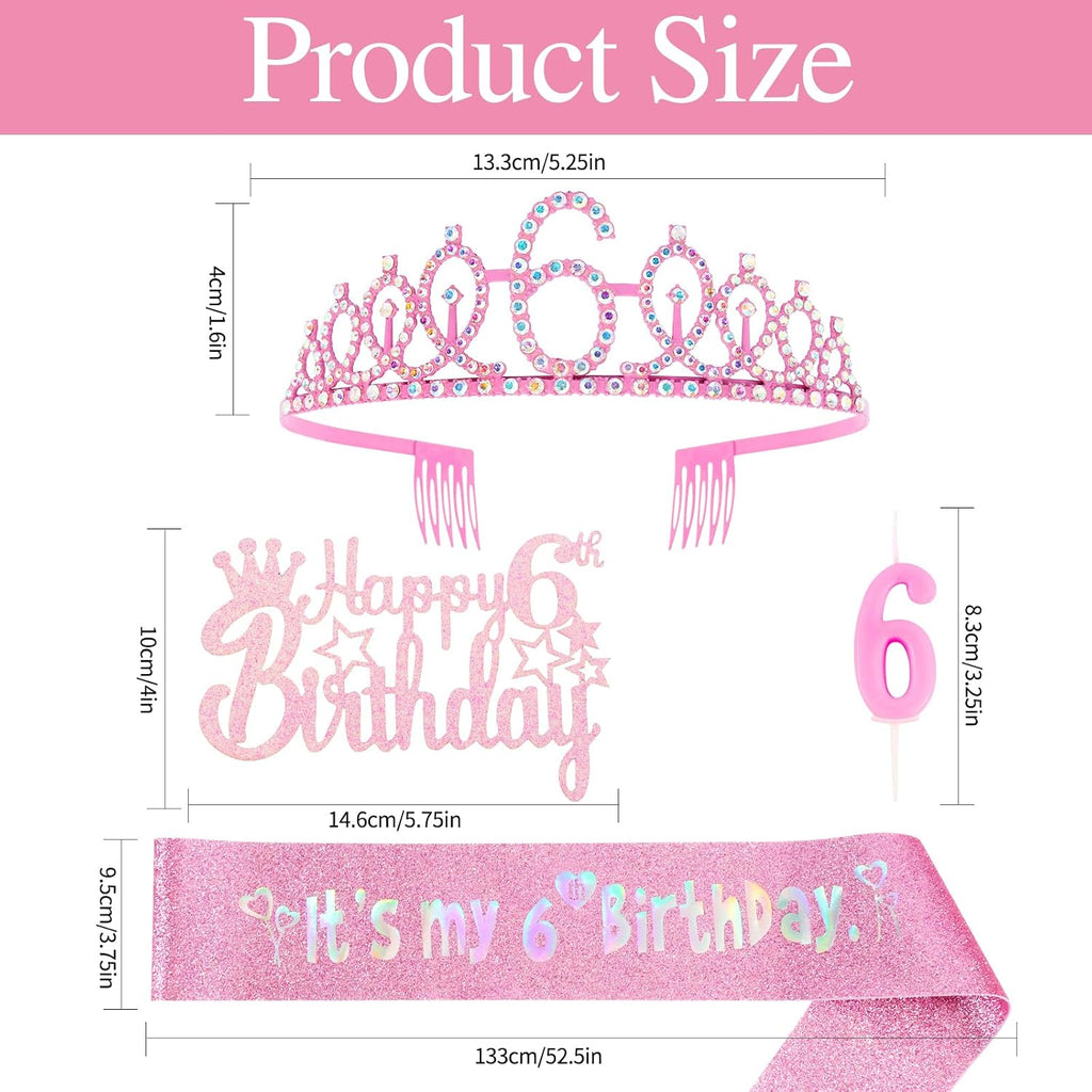 6th Birthday Party Decorations Set for Girls- Pink Crown, Glitter Sash, Number 6 Candle & Cake Topper Kit for Birthday Celebrations Party Supplies Gift